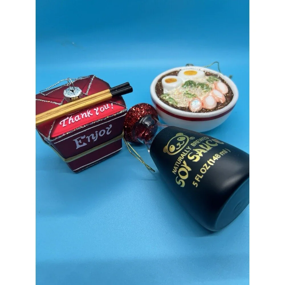 3 Japanese Christmas Ornaments Noodles, Soy Sauce, Take Out Food Glass